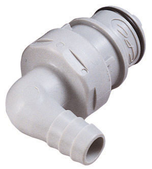 Grauer HFC23612 - CPC Winkel Schlauchstecker mit 9,5 mm Schlauchanschluss, ohne Absperrventil und EPDM-Dichtung, im Detail dargestellt.